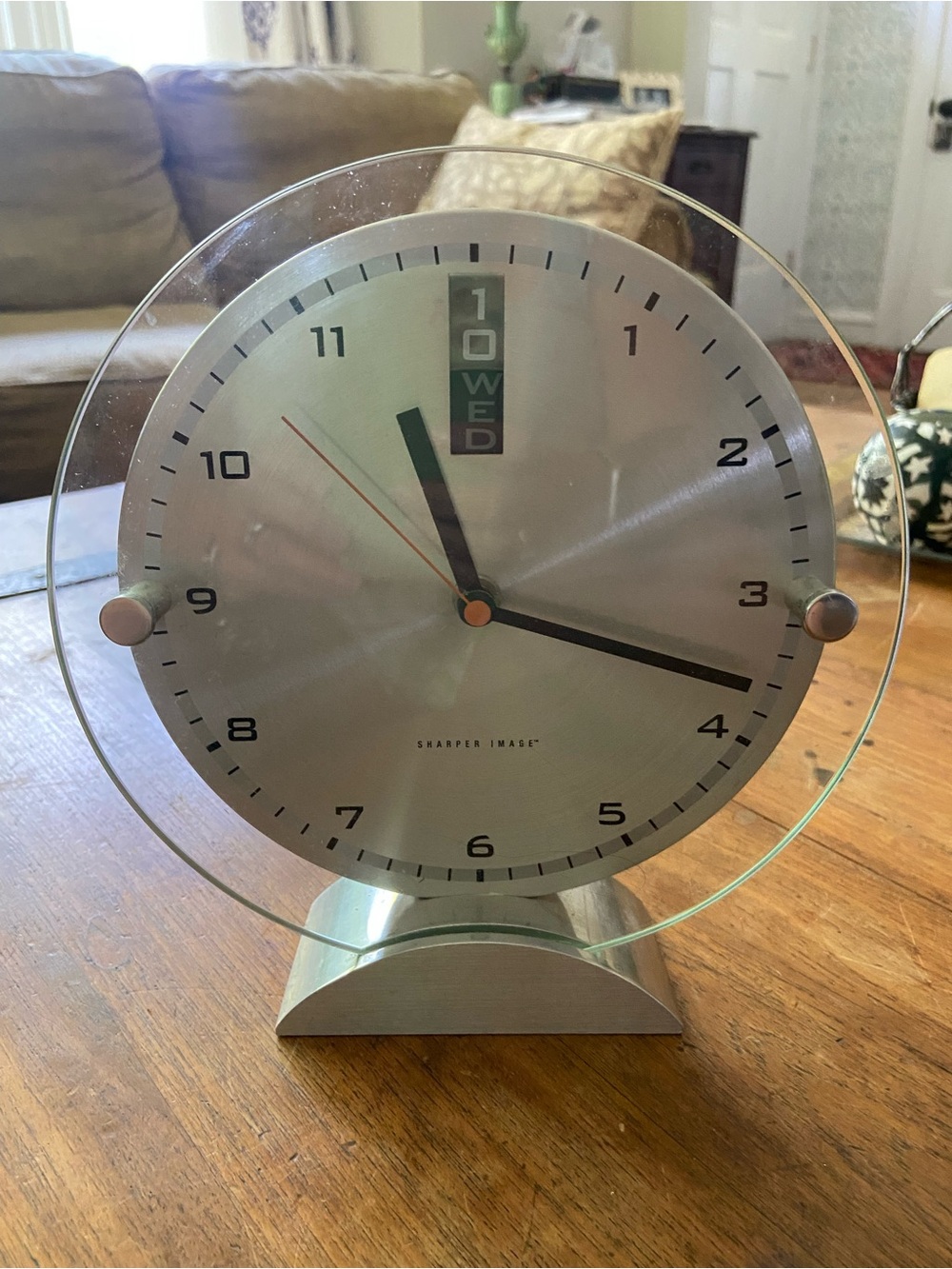 Sharper Image Silver and Clear Glass Desk Clock with Day Indicator